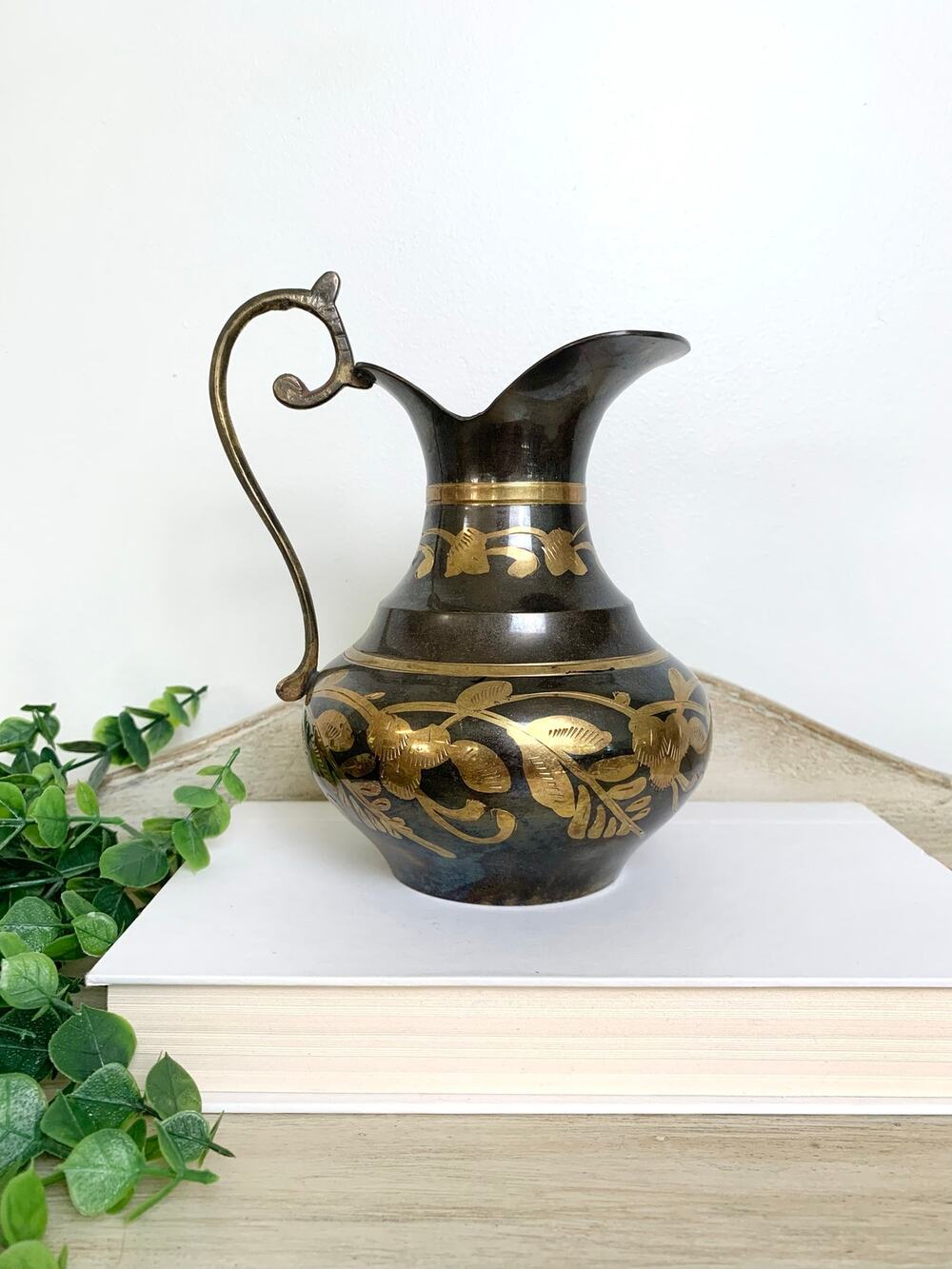 Vintage Two Tone Brass Vase Pitcher Etched Floral Urn Old World Mid Century